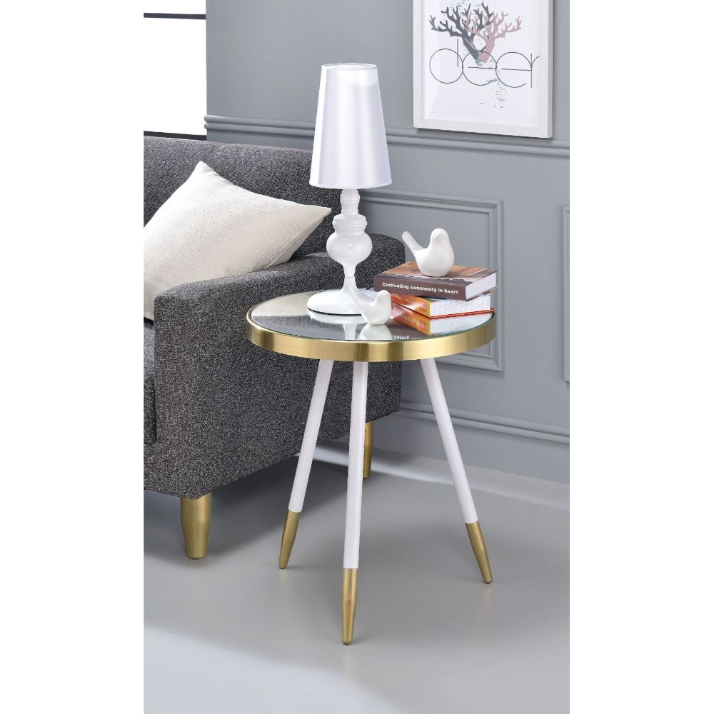 ACME - Mazon Accent Table in Antique Brass/White/Smoky Mirrored