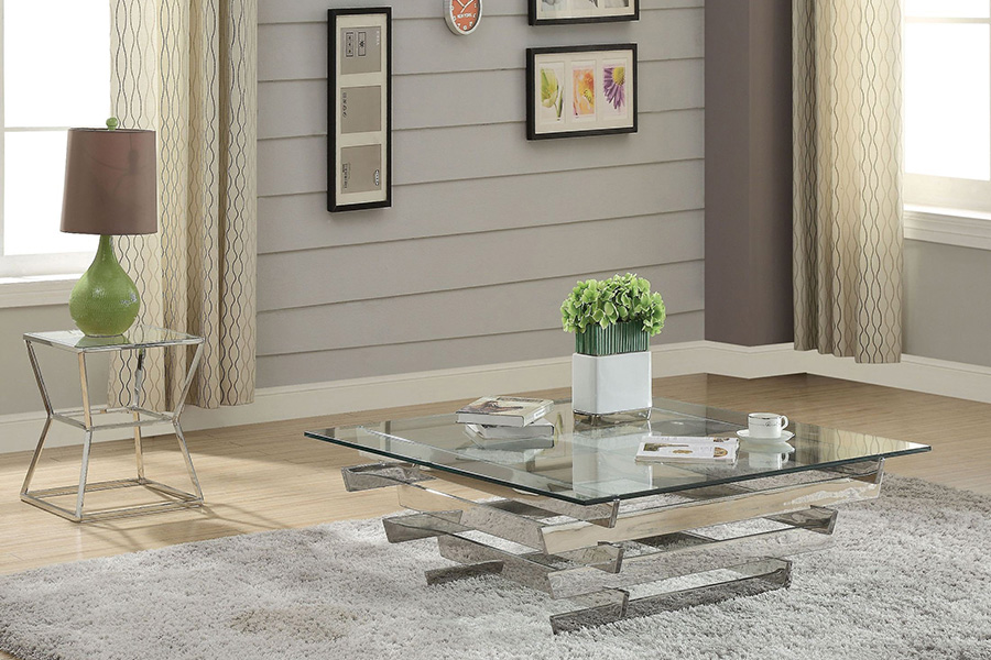 ACME - Salonius Coffee Table in Clear Glass/Stainless Steel