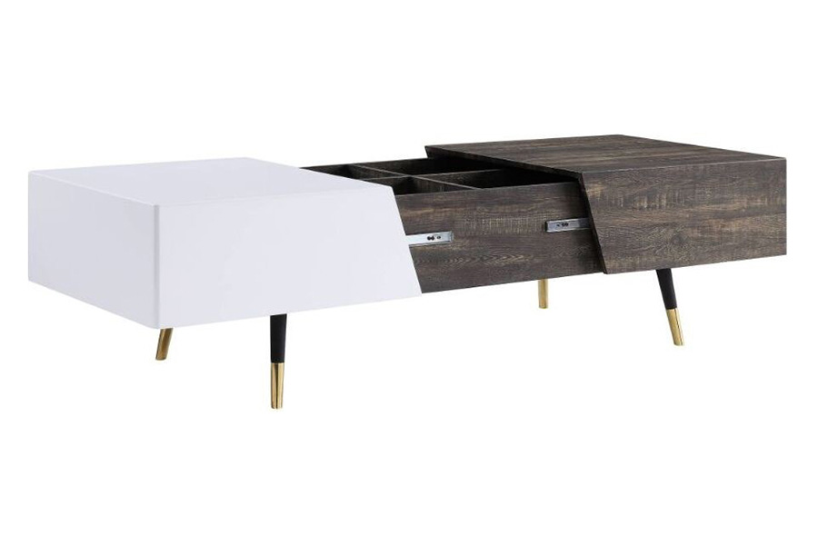 ACME - Orion Coffee Table in White High Gloss/Rustic Oak