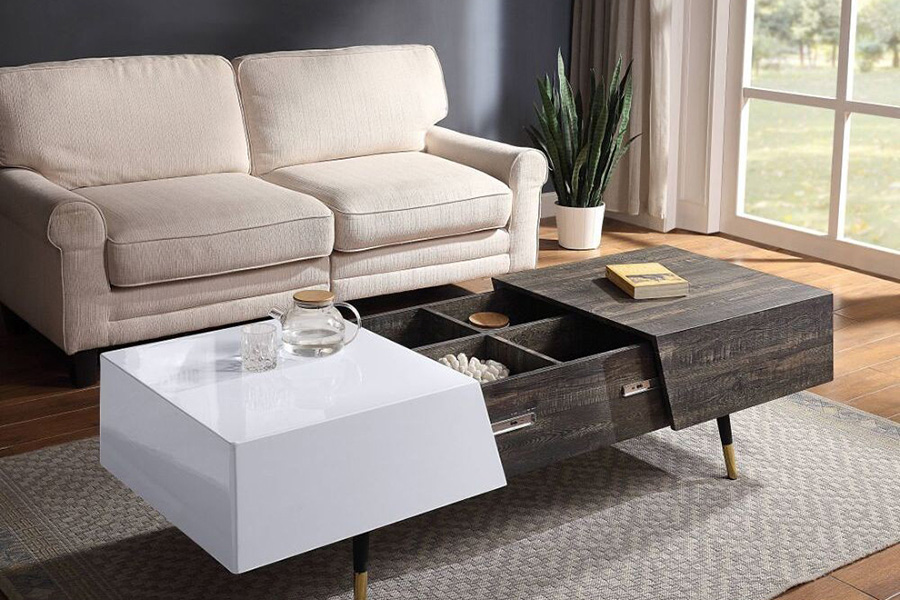 ACME - Orion Coffee Table in White High Gloss/Rustic Oak