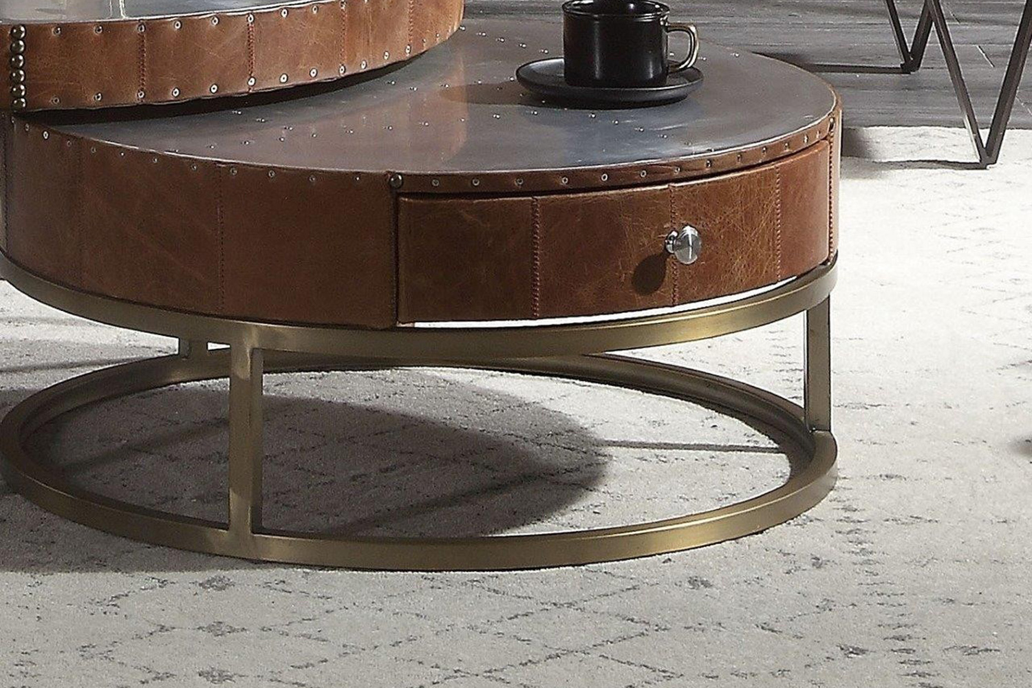 ACME - Tamas Aluminum and Cocoa Top Grain Leather Coffee Table