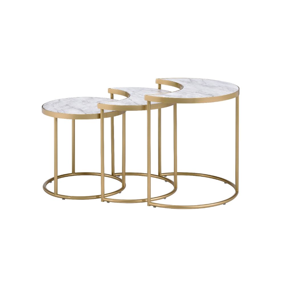 ACME - Anpay Nesting Table Set in Faux Marble Top/Gold