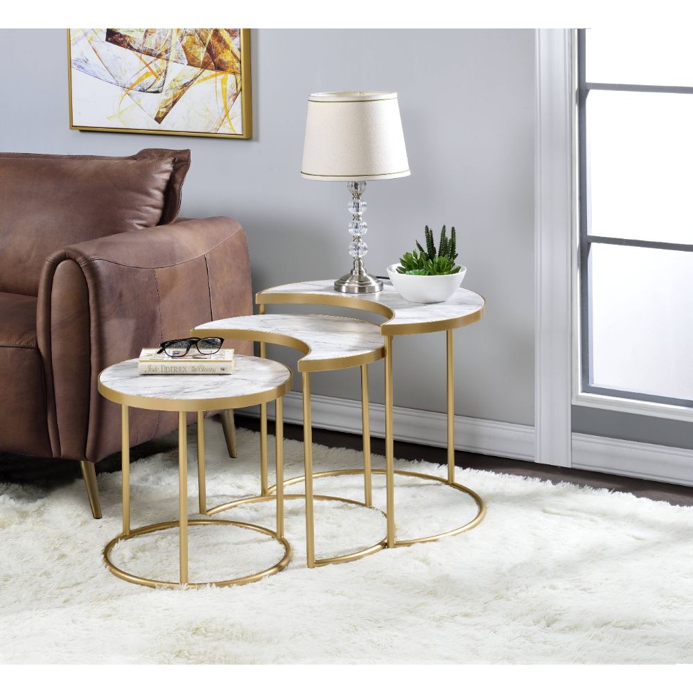 ACME - Anpay Nesting Table Set in Faux Marble Top/Gold