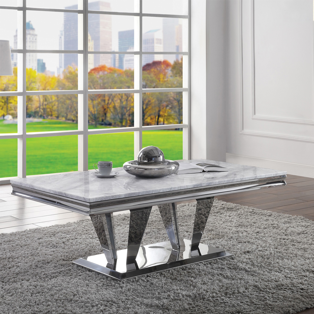 ACME - Satinka Coffee Table in Light Gray Printed Faux Marble Top/Mirrored Silver