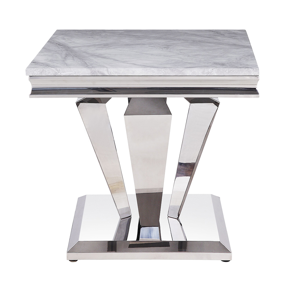 ACME - Satinka End Table in Light Gray Printed Faux Marble Top/Mirrored Silver