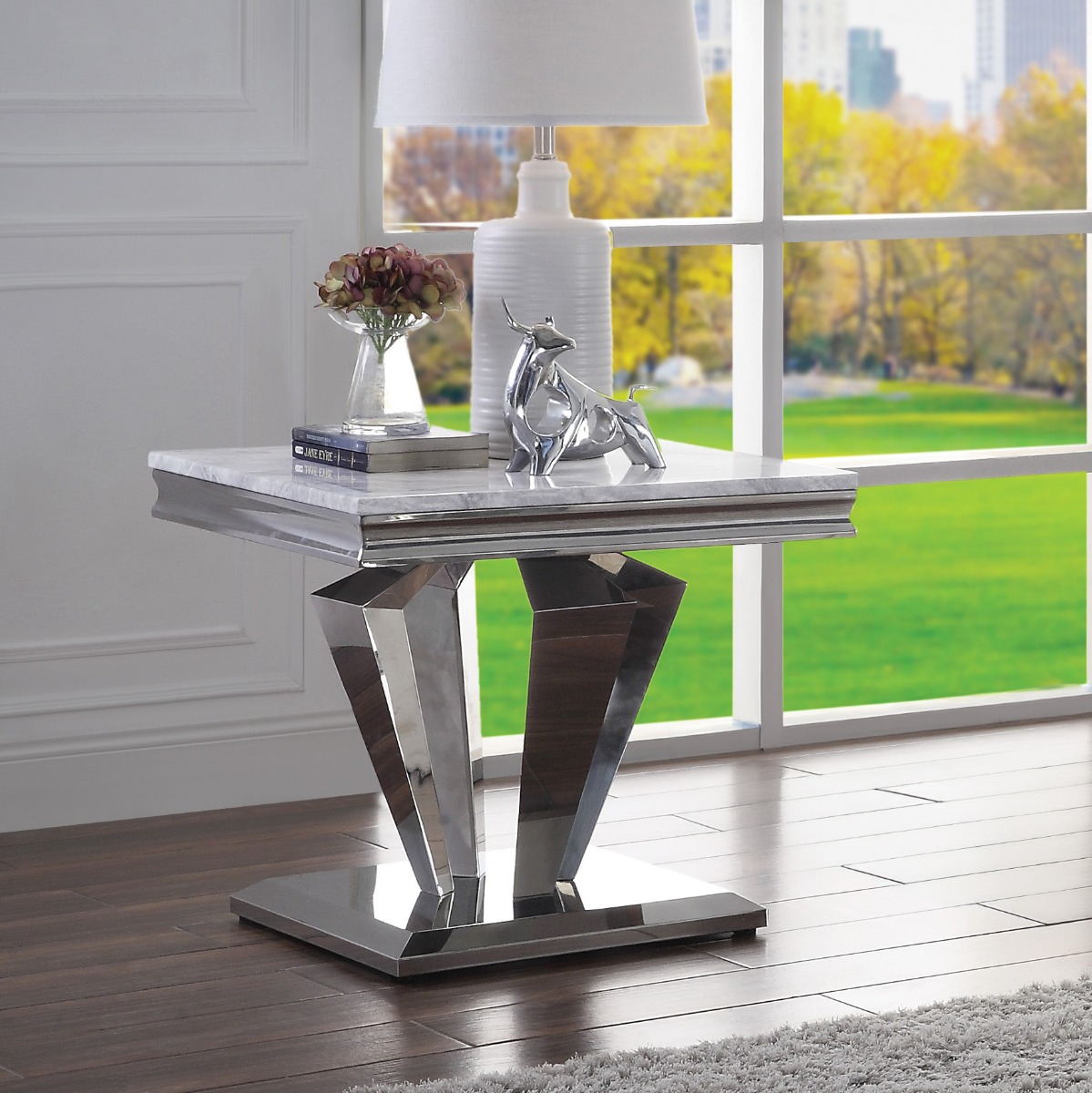 ACME - Satinka End Table in Light Gray Printed Faux Marble Top/Mirrored Silver