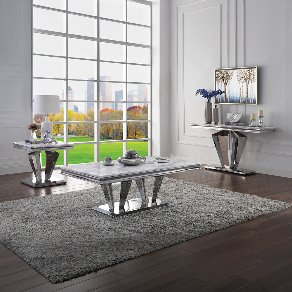 ACME - Satinka End Table in Light Gray Printed Faux Marble Top/Mirrored Silver