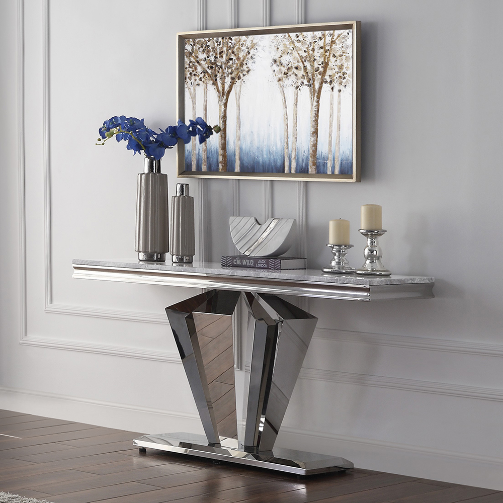 ACME - Satinka Sofa Table in Light Gray/Mirrored Silver