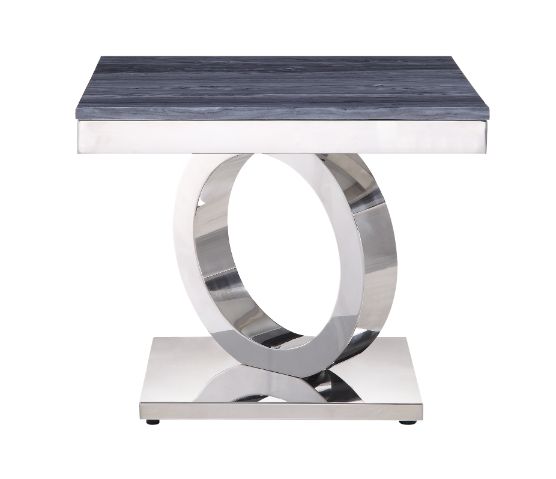 ACME - Zasir End Table in Gray Printed Faux Marble Top/Mirrored Silver