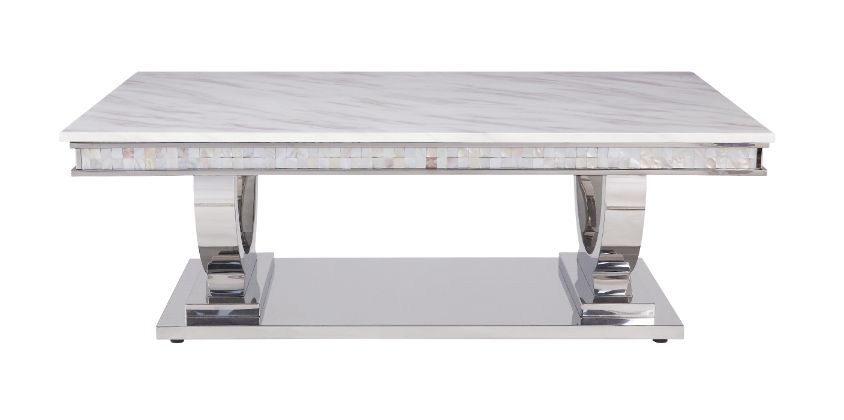 ACME - Zander Coffee Table in White Printed Faux Marble Top/Mirrored Silver