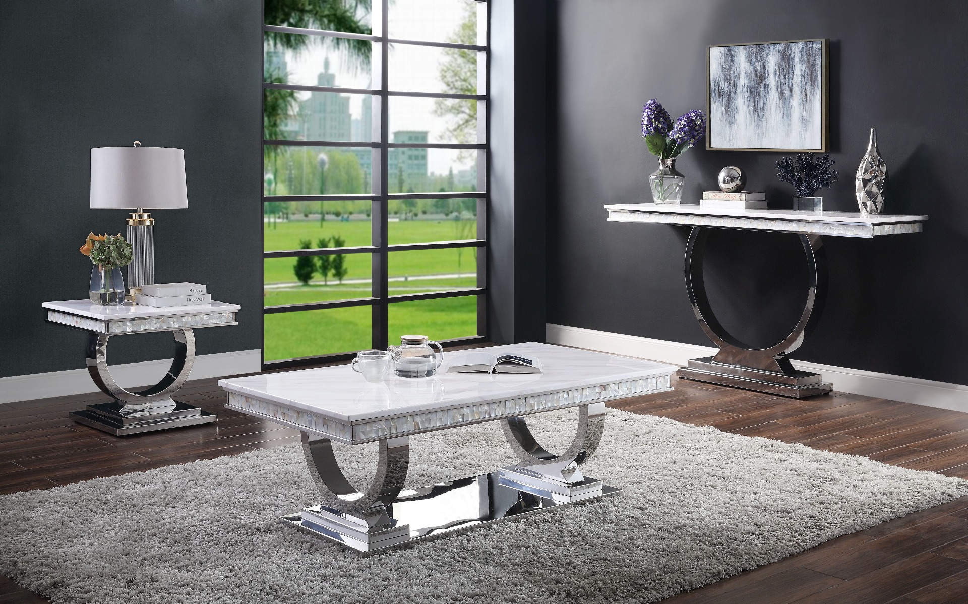 ACME - Zander Sofa Table in White Printed Faux Marble Top/Mirrored Silver