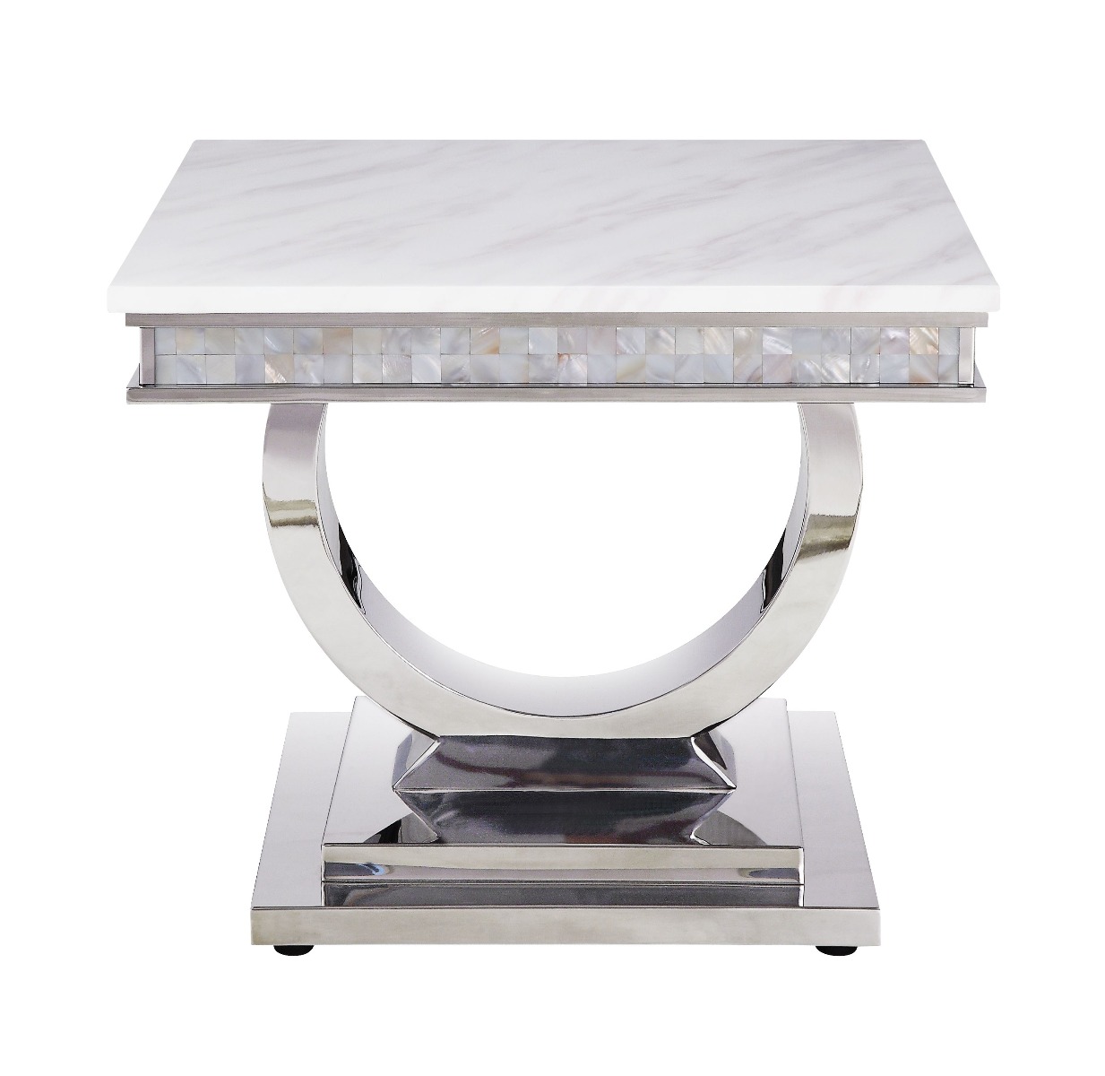 ACME - Zander End Table in White Printed Faux Marble Top/Mirrored Silver