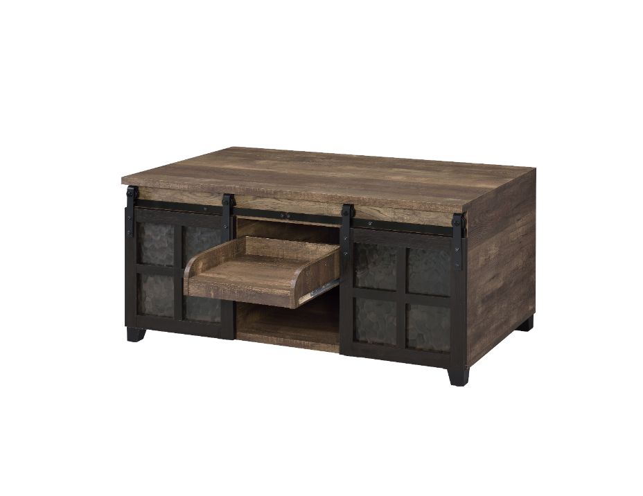 ACME - Nineel Coffee Table in Obscure Glass/Rustic Oak/Black