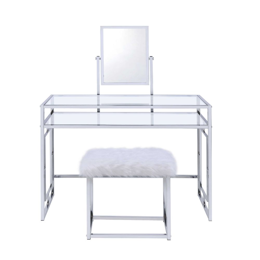 ACME - Carenze II Vanity Set in White Faux Fur/Chrome