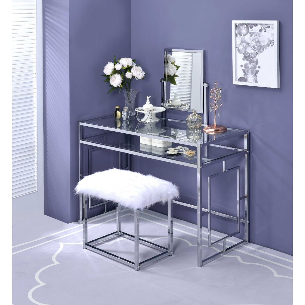 ACME - Carenze II Vanity Set in White Faux Fur/Chrome