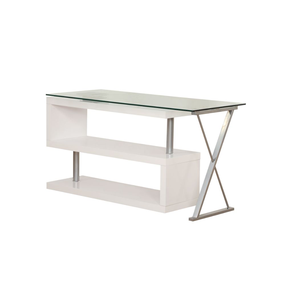 ACME Buck Writing Desk with Swivel - Clear Glass Top/White High Gloss