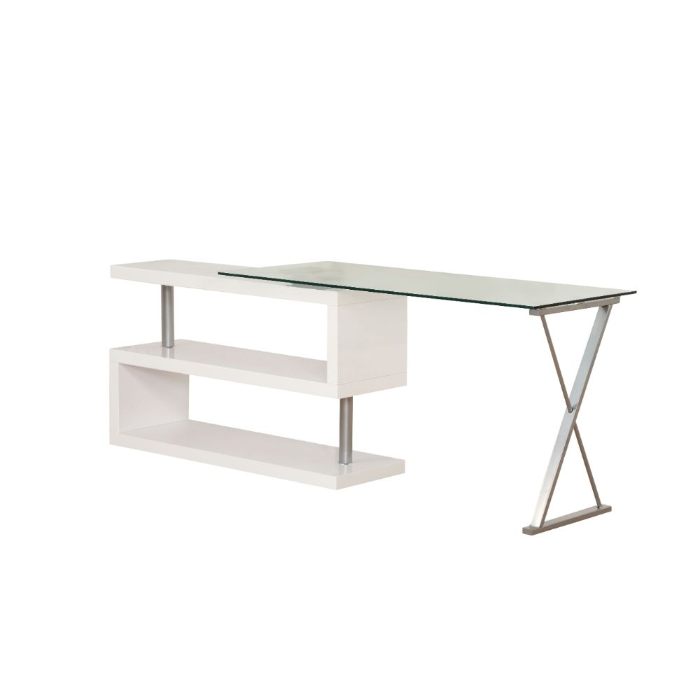 ACME Buck Writing Desk with Swivel - Clear Glass Top/White High Gloss