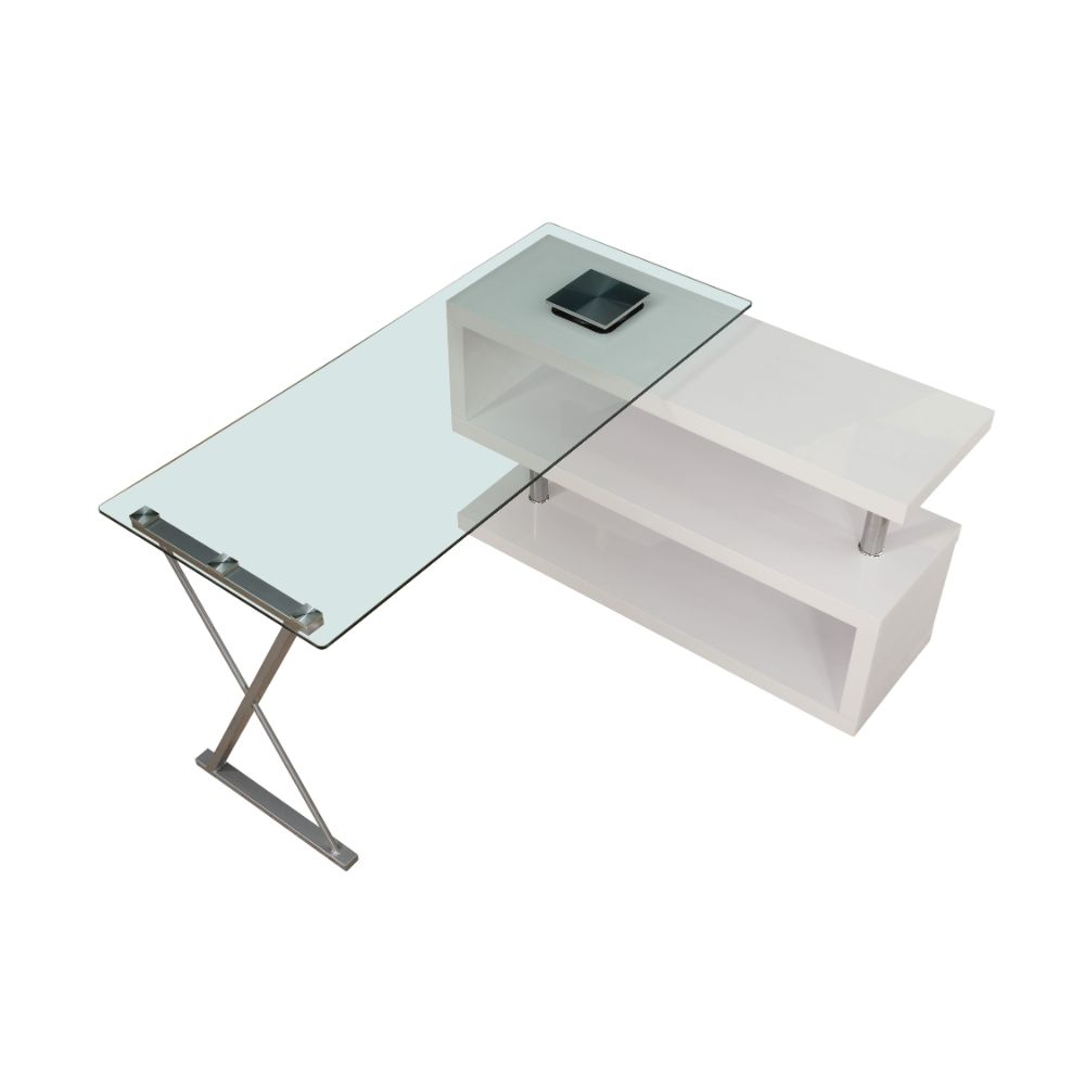 ACME Buck Writing Desk with Swivel - Clear Glass Top/White High Gloss