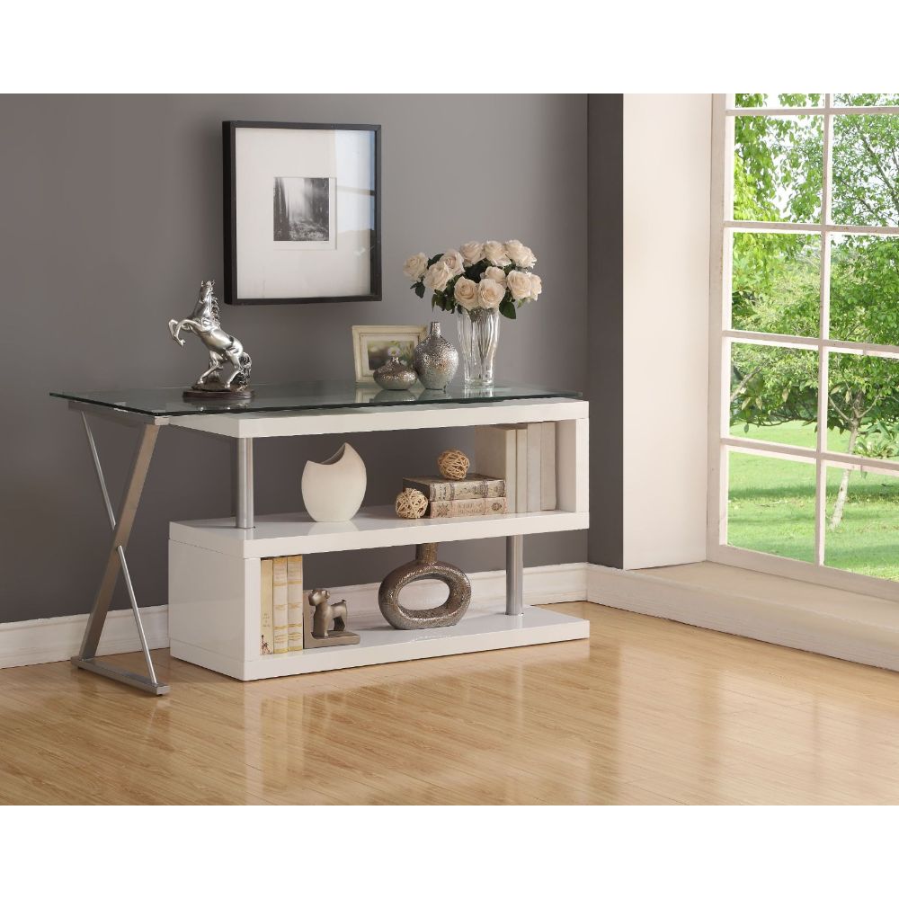 ACME Buck Writing Desk with Swivel - Clear Glass Top/White High Gloss