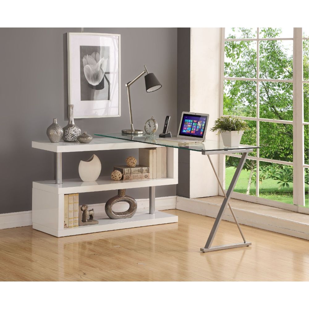 ACME Buck Writing Desk with Swivel - Clear Glass Top/White High Gloss