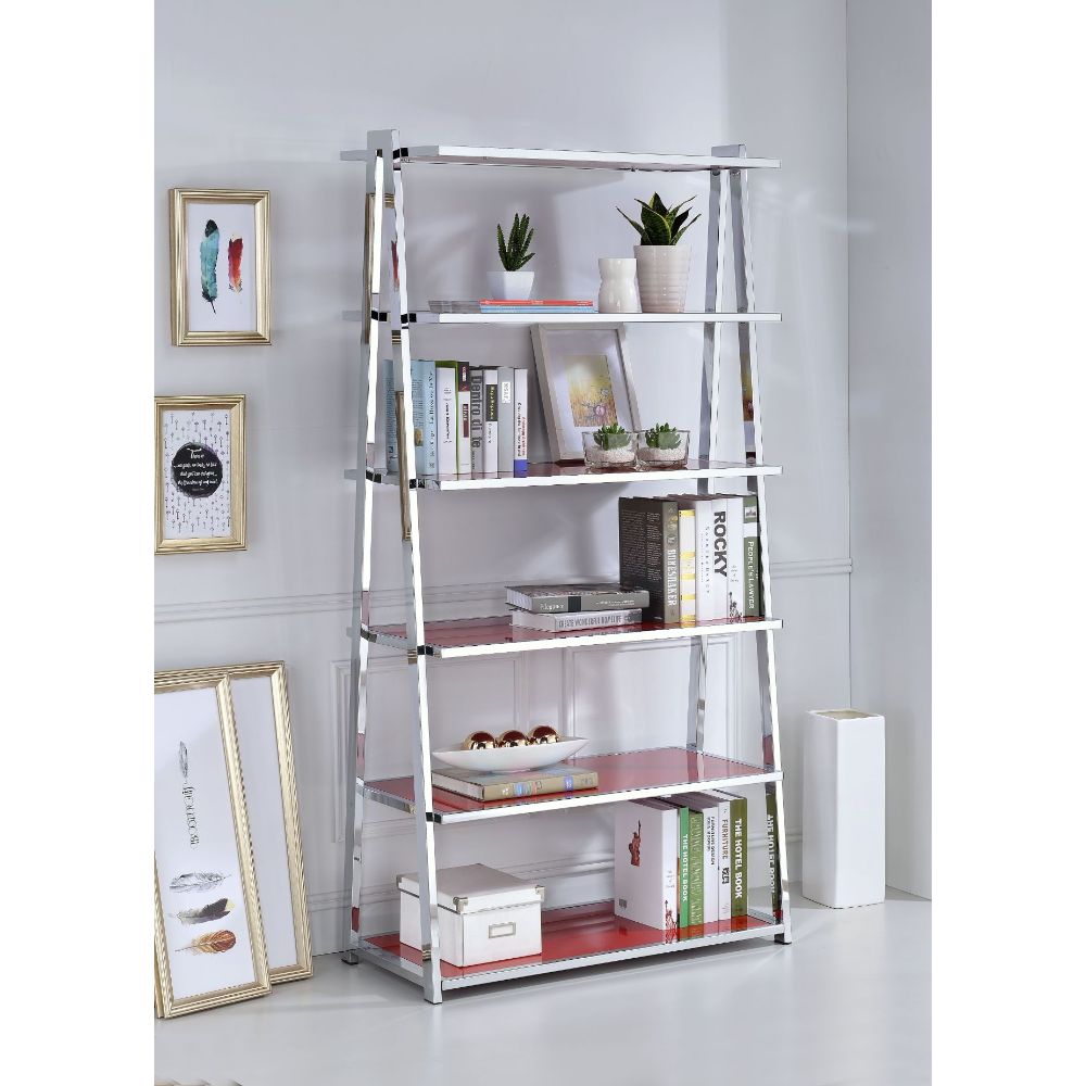 ACME Coleen Bookshelf - Red High Gloss/Chrome