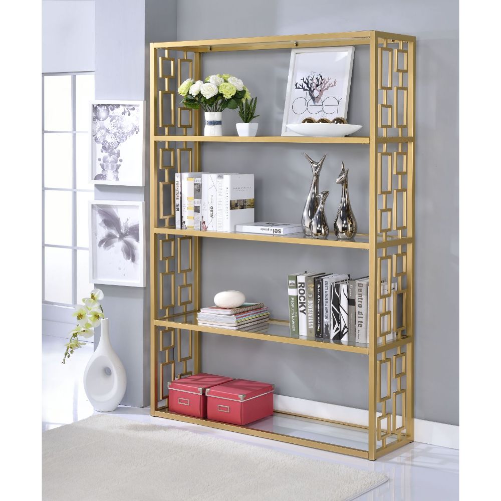 ACME - Blanrio Bookcase in Clear Glass/Gold