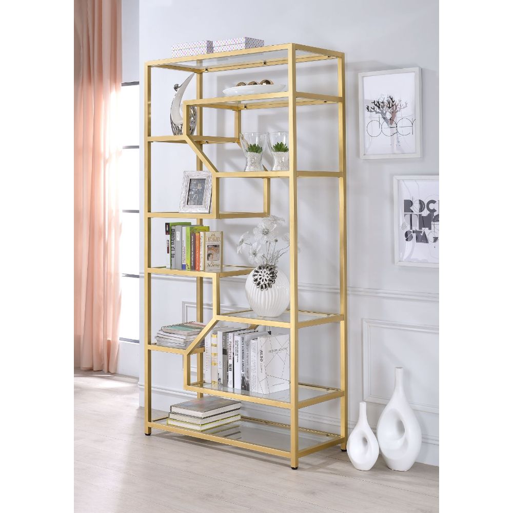 ACME - Lecanga Bookshelf in Clear Glass/Gold