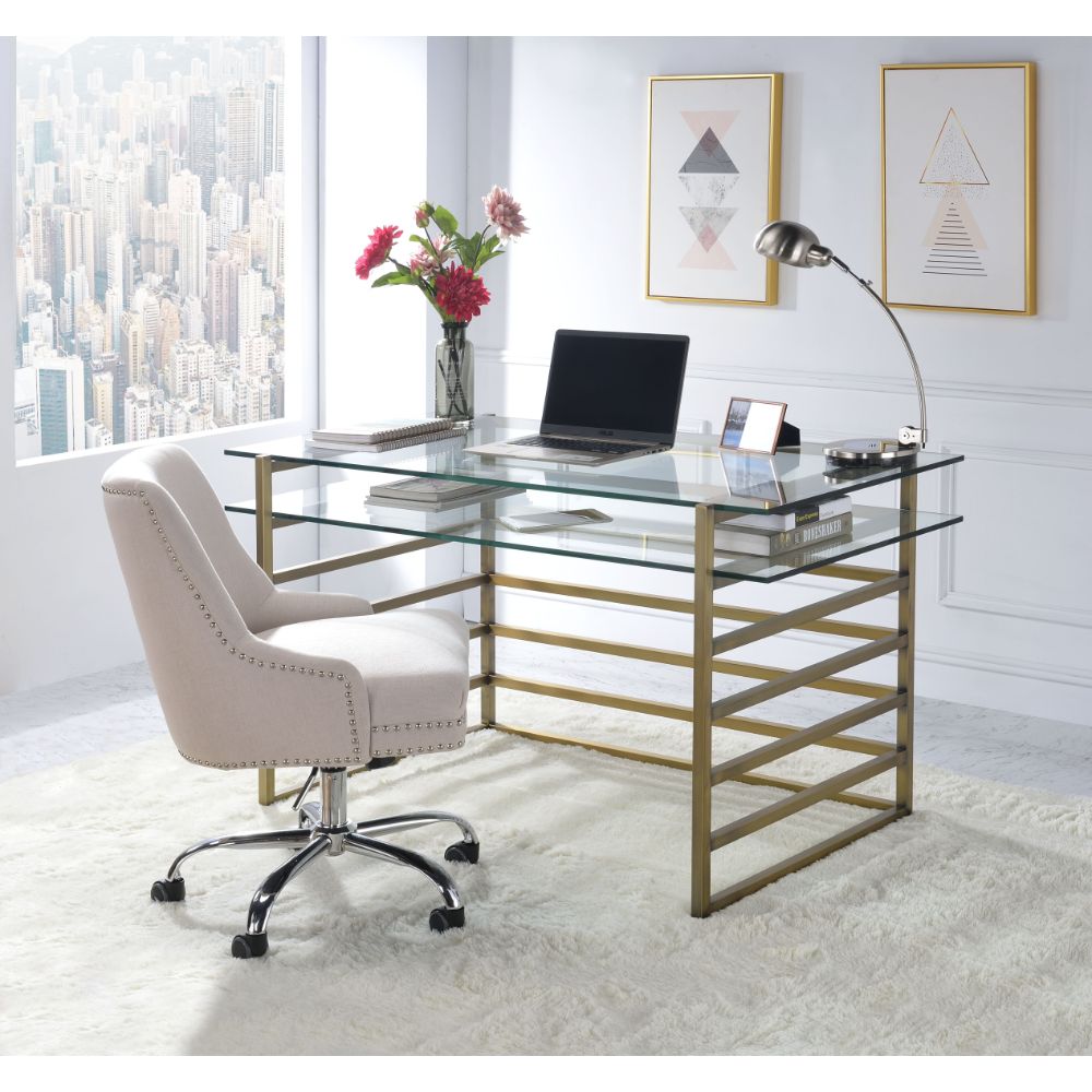 ACME - Shona Writing Desk in Clear Glass Top/Antique Gold