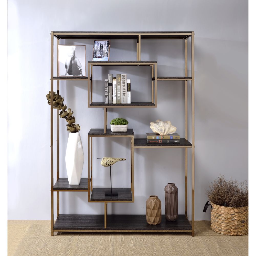 ACME - Scaola Bookshelf in Rustic Gray Oak/Champagne