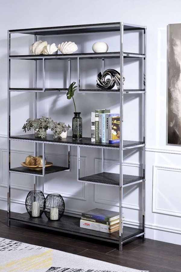 ACME - Vonara Bookshelf in Rustic Gray Oak/Chrome