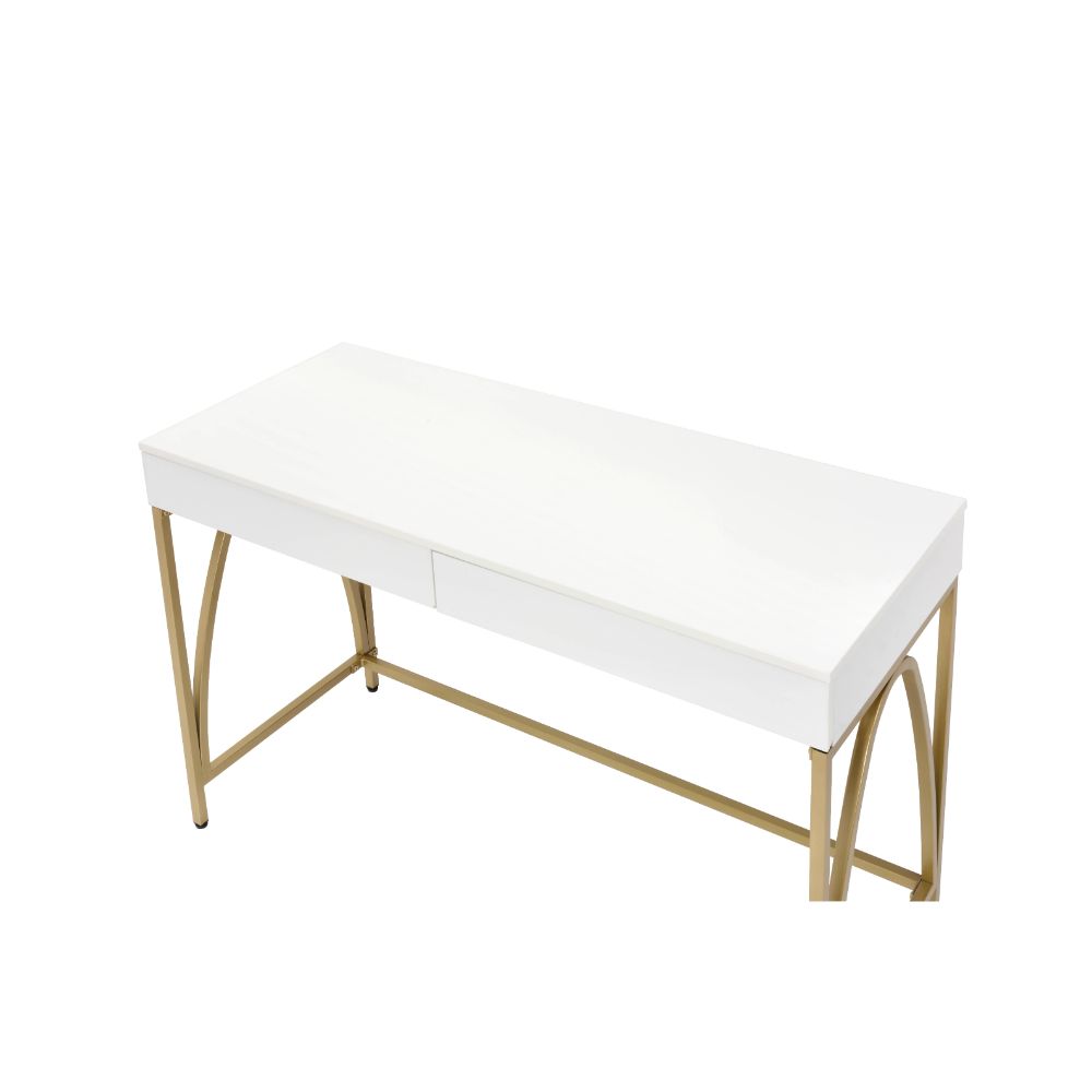 ACME - Lightmane Writing Desk (Same Ac00900) in White High Gloss/Gold