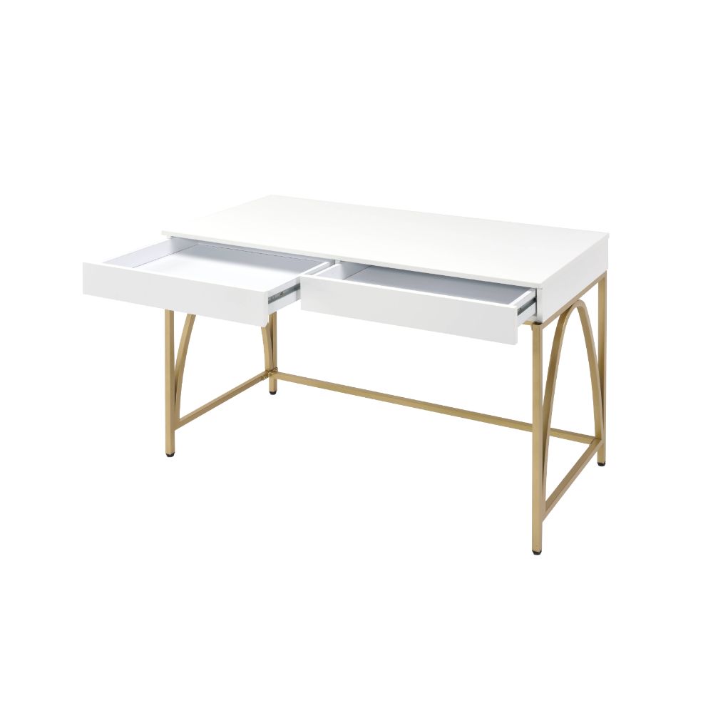 ACME - Lightmane Writing Desk (Same Ac00900) in White High Gloss/Gold