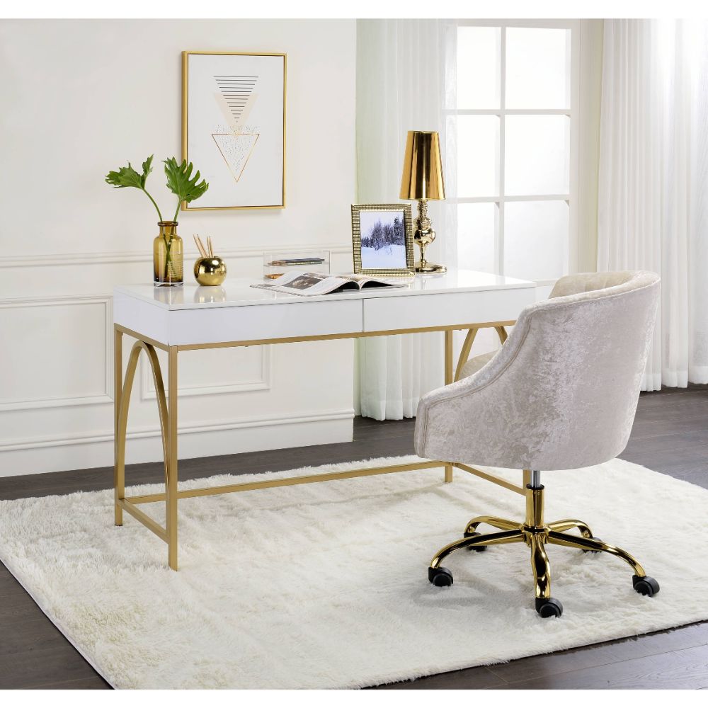 ACME - Lightmane Writing Desk (Same Ac00900) in White High Gloss/Gold