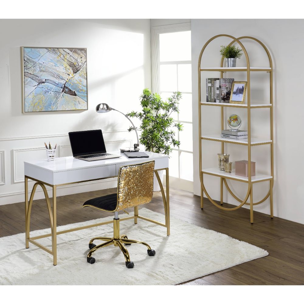 ACME - Lightmane Writing Desk (Same Ac00900) in White High Gloss/Gold