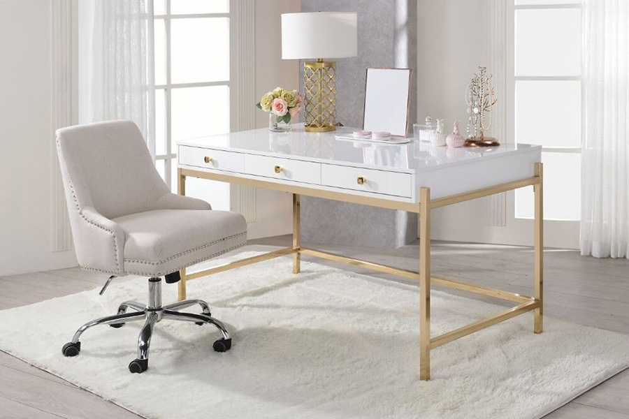 ACME - Ottey Executive Writing Desk in White High Gloss/Gold