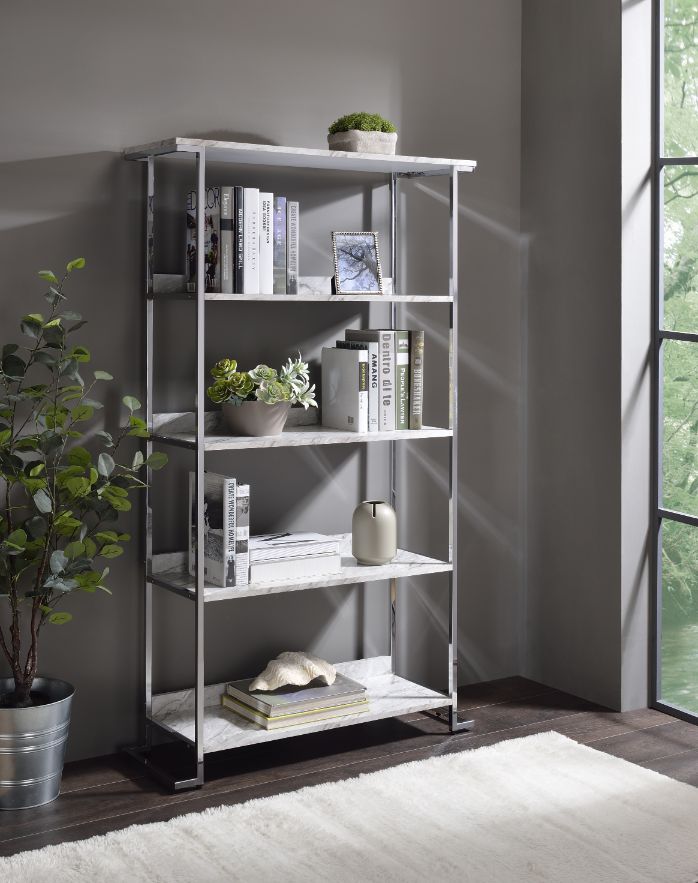 ACME™ Visage Bookshelf - White Faux Marble Top/Chrome