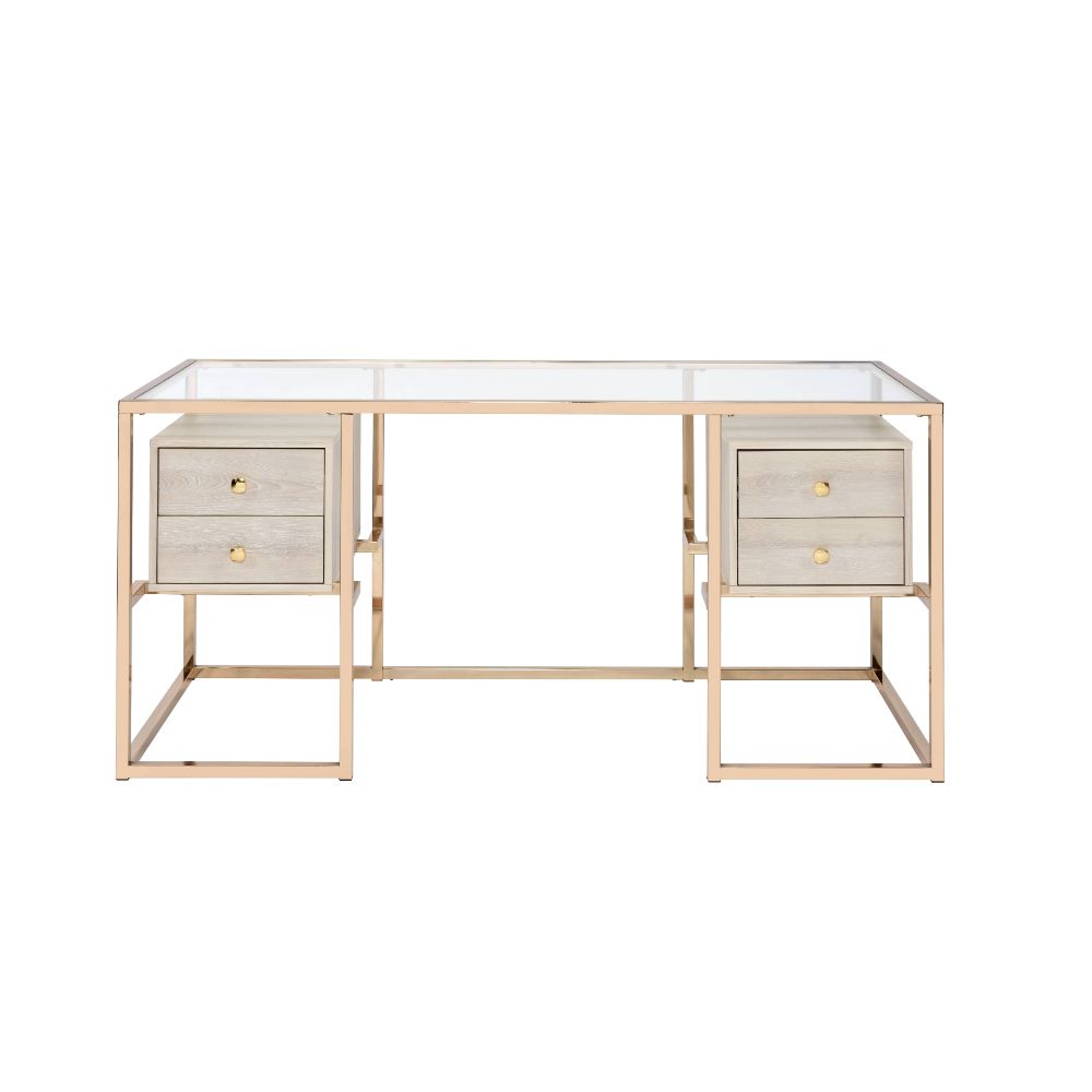 ACME - Huyana Writing Desk in Clear Glass Top/Gold