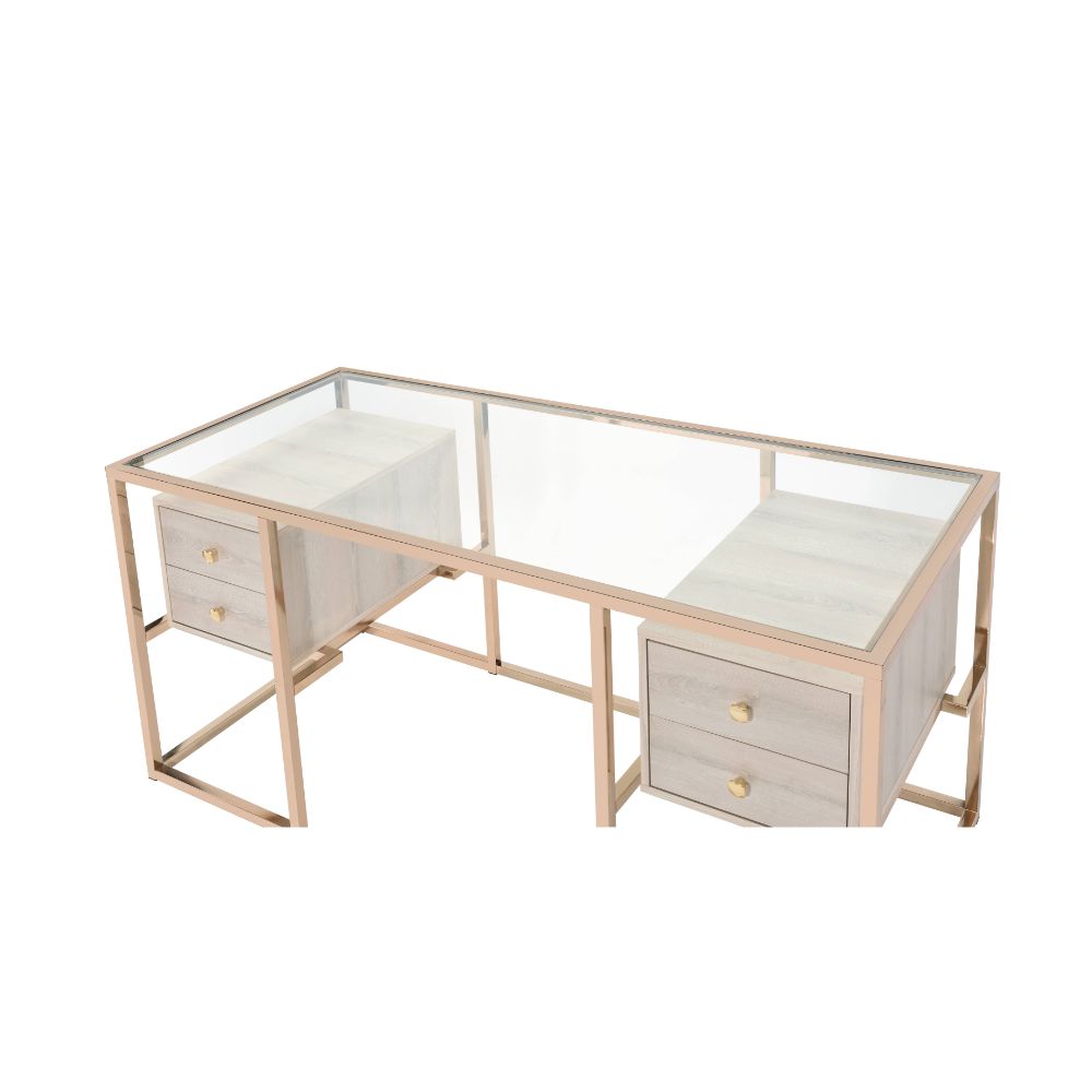 ACME - Huyana Writing Desk in Clear Glass Top/Gold