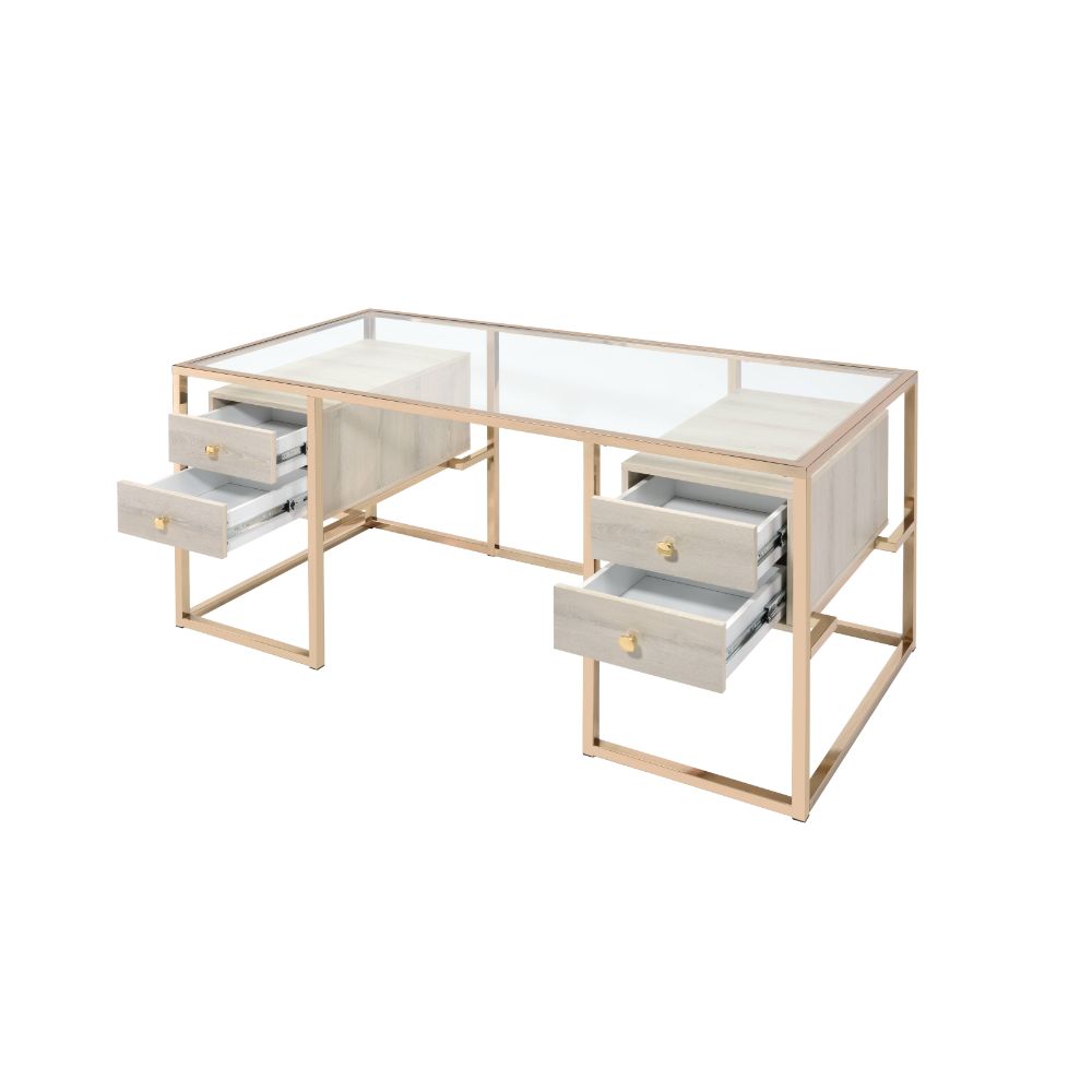 ACME - Huyana Writing Desk in Clear Glass Top/Gold