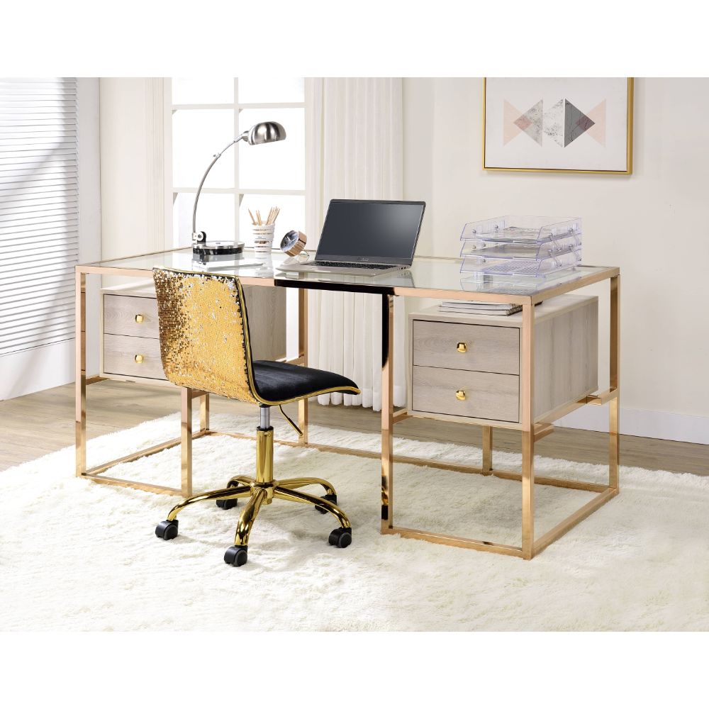 ACME - Huyana Writing Desk in Clear Glass Top/Gold