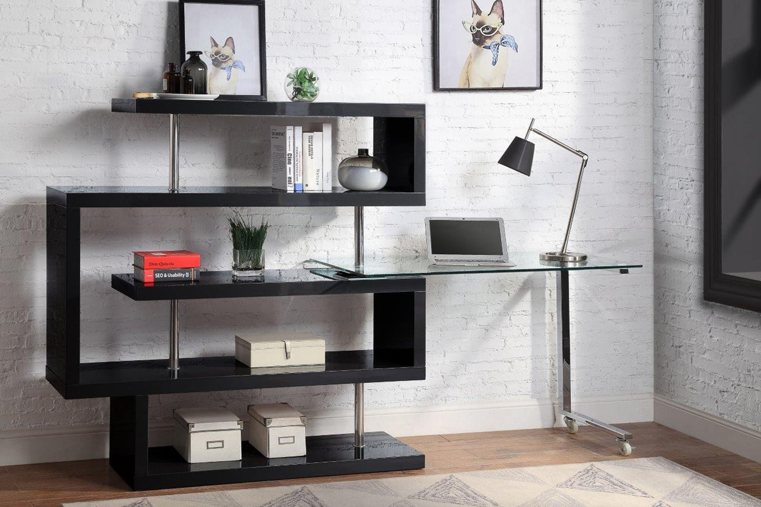 ACME Raceloma Writing Desk with Shelf - Black High Gloss Finish