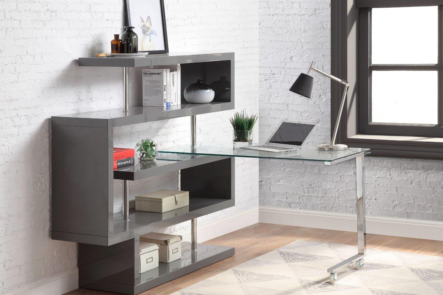 ACME Raceloma Writing Desk with Shelf - Gray High Gloss Finish