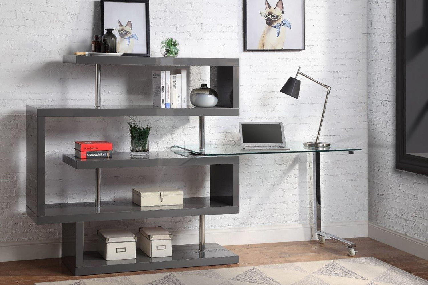 ACME Raceloma Writing Desk with Shelf - Gray High Gloss Finish