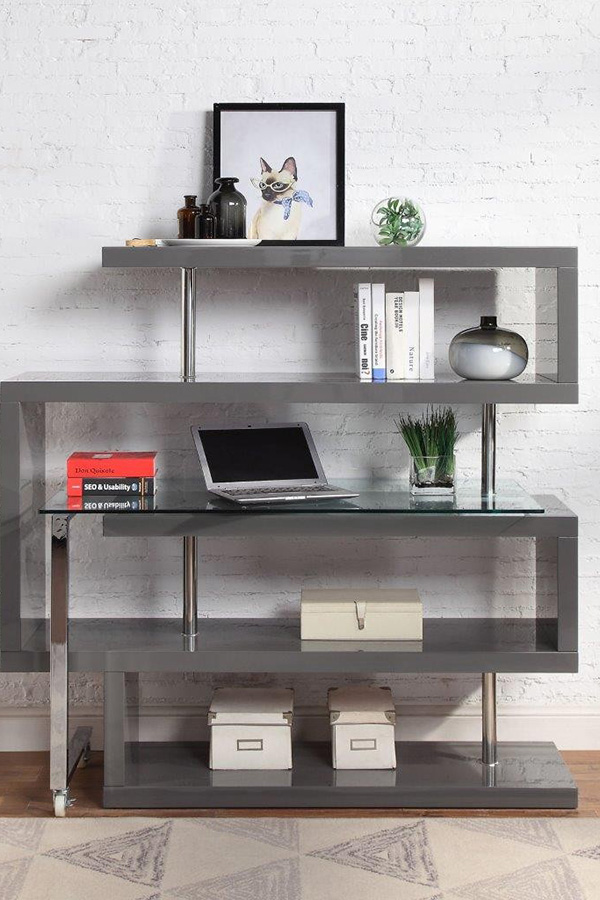 ACME Raceloma Writing Desk with Shelf - Gray High Gloss Finish