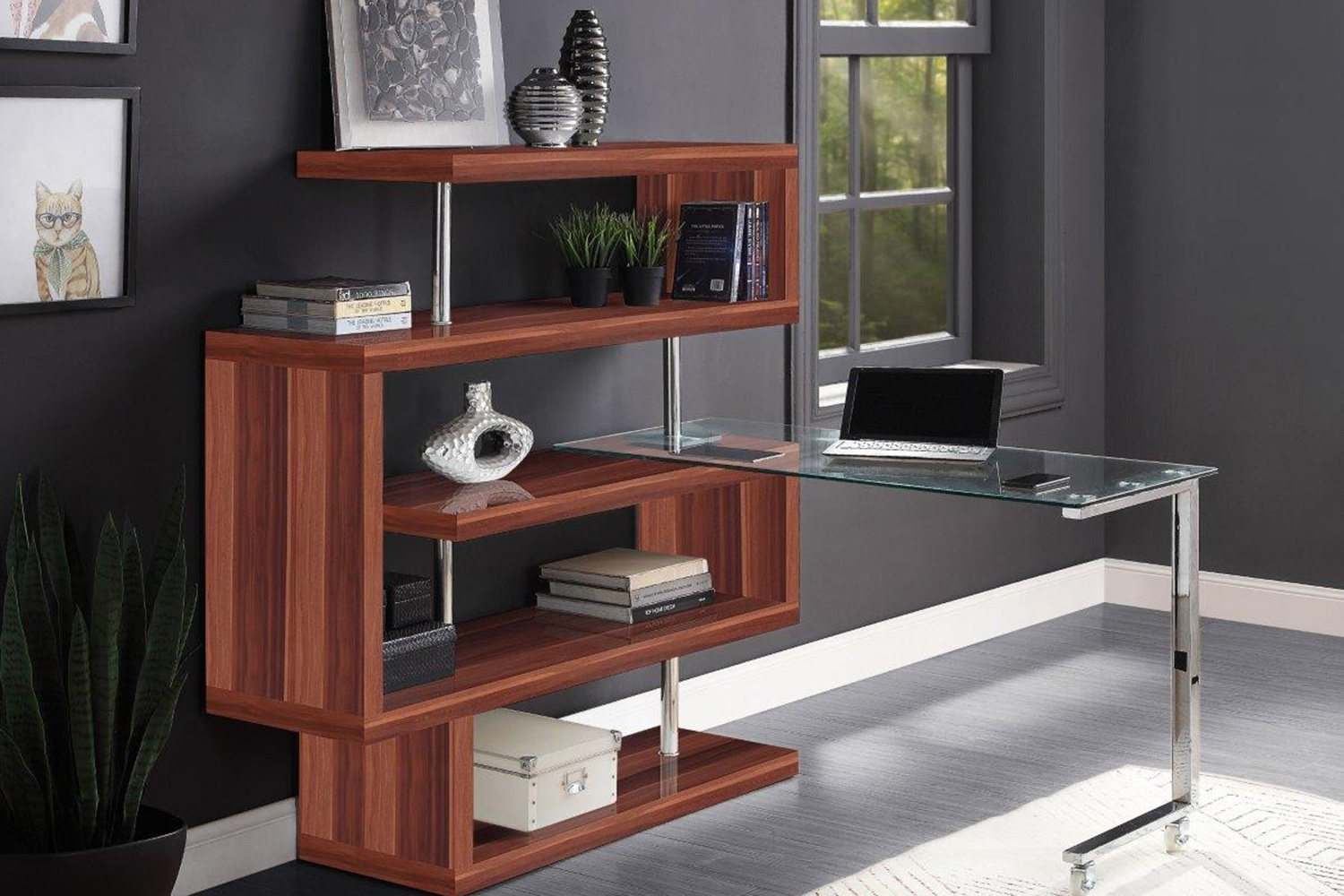 ACME Raceloma Writing Desk with Shelf - Walnut High Gloss Finish