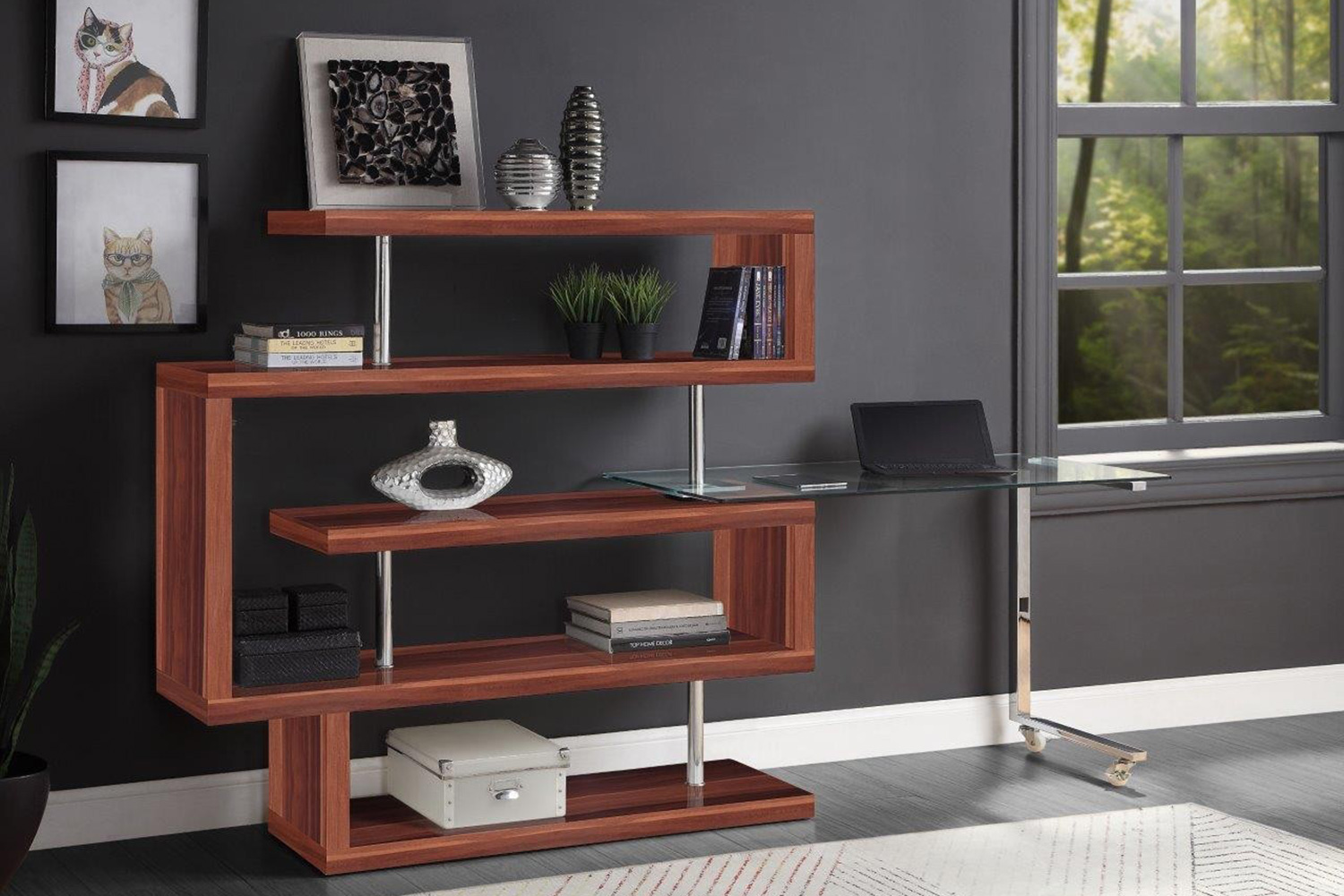 ACME Raceloma Writing Desk with Shelf - Walnut High Gloss Finish