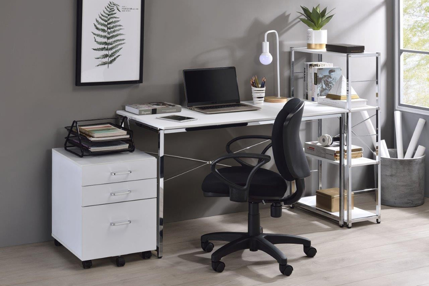 ACME Tennos Writing Desk - White and Chrome Finish