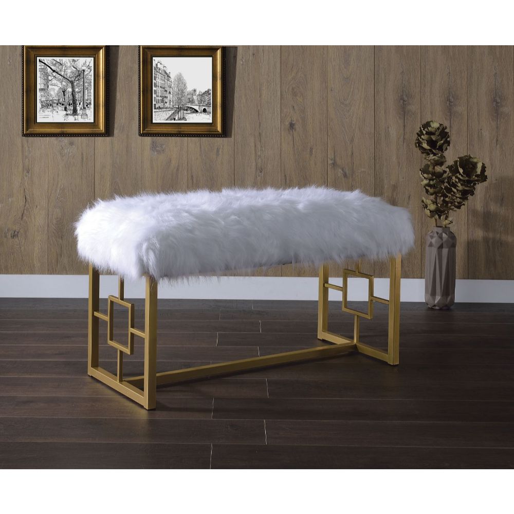 ACME Bagley II Bench - White Faux Fur/Gold (96451)