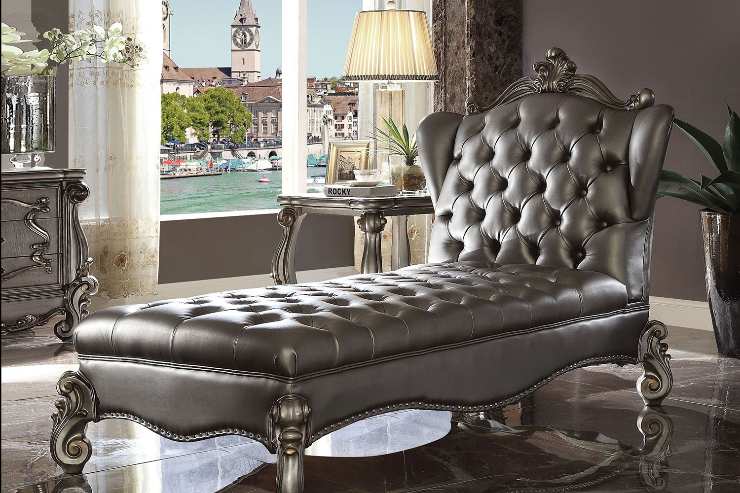 ACME™ Versailles Chaise Lounge - Silver/Antique Platinum