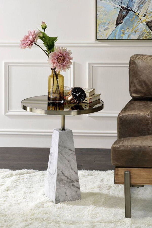 ACME - Galilahi Accent Table in Mirrored/Faux Marble Top/Antique Gold